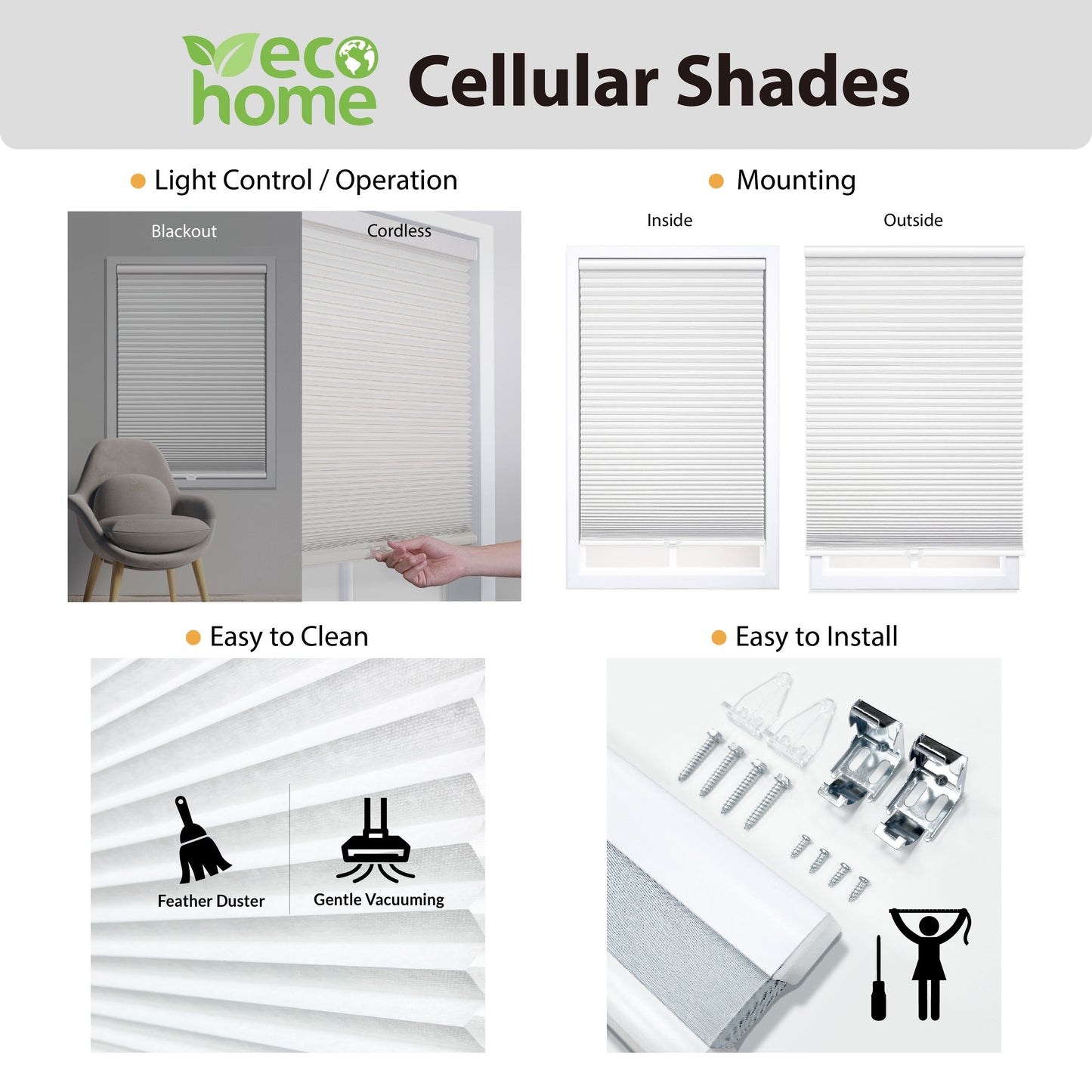 (2 Pack) Cordless Polyester Blackout Cellular Shade, White, 30" X 72"