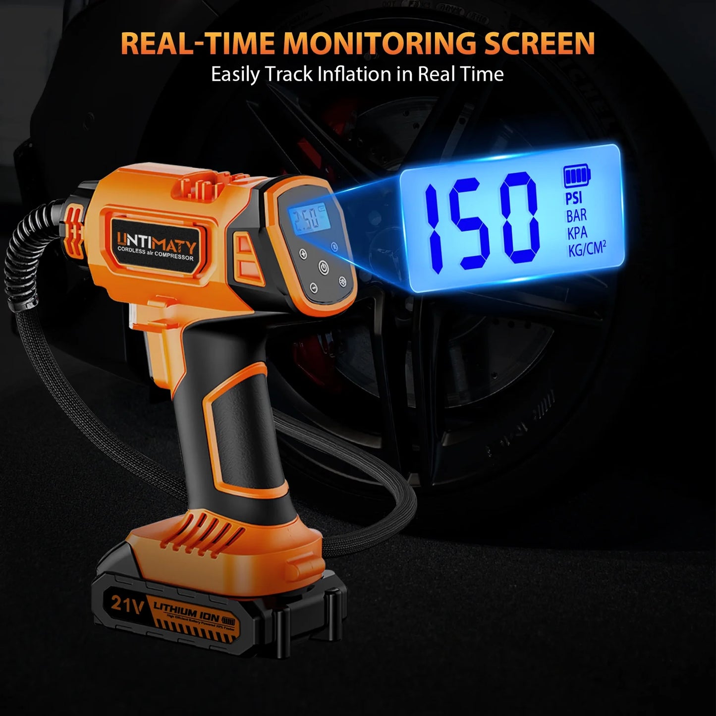 Cordless Tire Inflator,  Portable Air Compressor, 150PSI Handheld Air Pump with 21V Rechargeable Battery, Digital Pressure Gauge for Cars Motorcycles