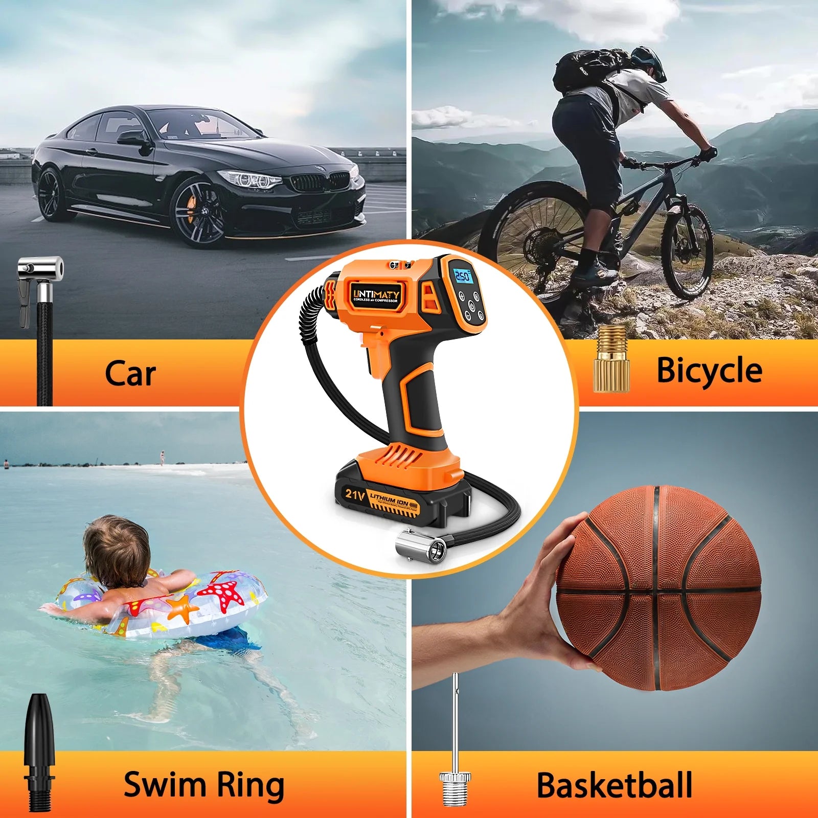 Cordless Tire Inflator,  Portable Air Compressor, 150PSI Handheld Air Pump with 21V Rechargeable Battery, Digital Pressure Gauge for Cars Motorcycles