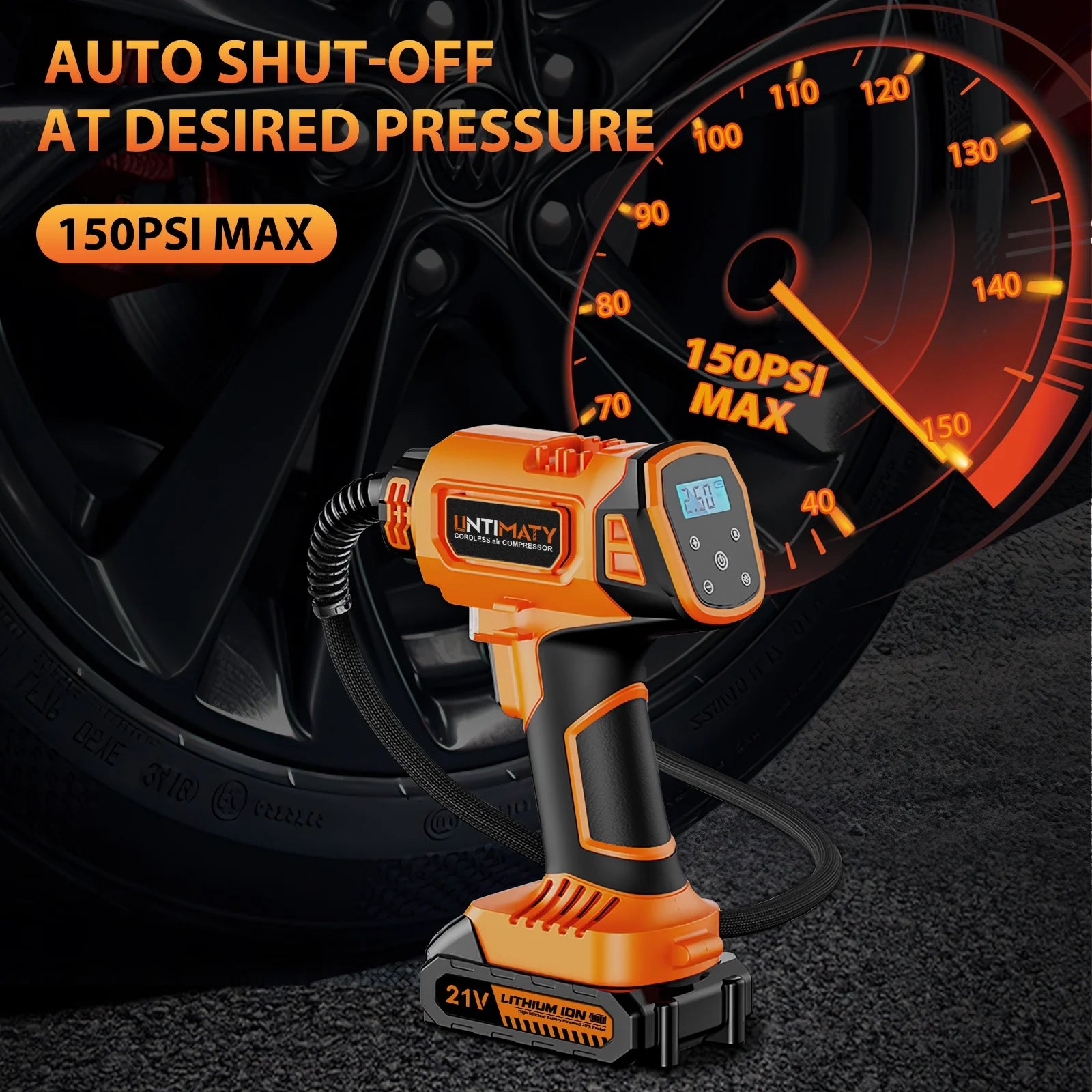 Cordless Tire Inflator,  Portable Air Compressor, 150PSI Handheld Air Pump with 21V Rechargeable Battery, Digital Pressure Gauge for Cars Motorcycles