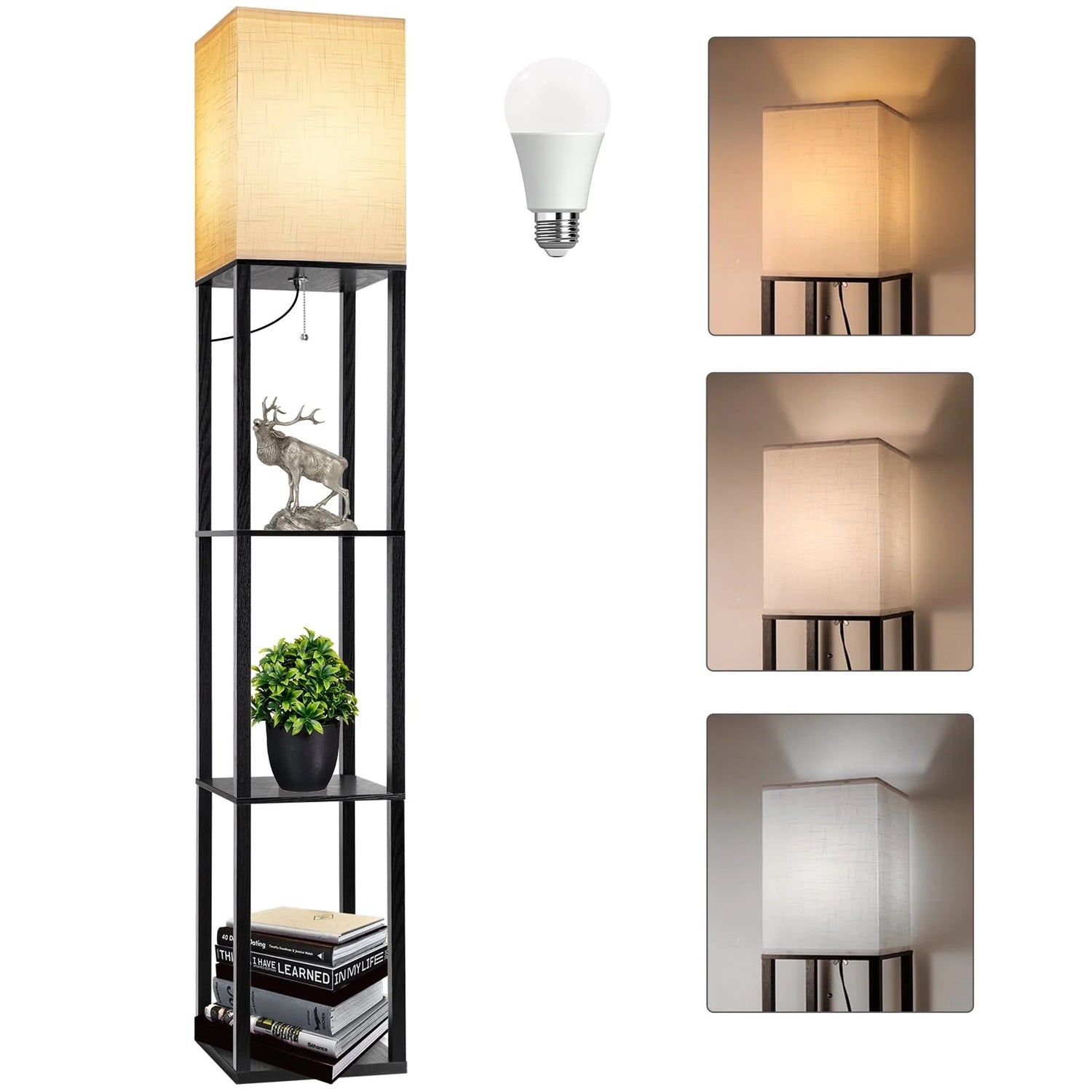 Stylish 63" Black Wood Shelf Floor Lamp - Perfect for Living Room, Bedroom & Office